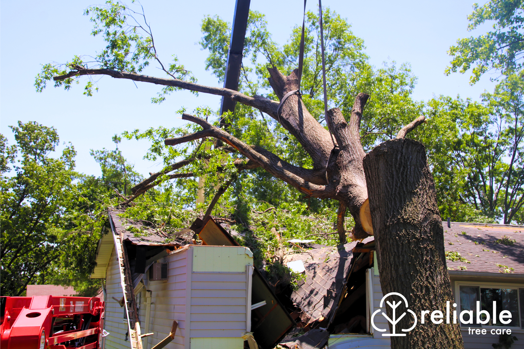 Storm damaged tree being lifted by crane off of home.